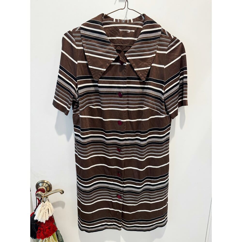 Vintage Brown Striped Short Sleeve Button Front Blouse Size Medium